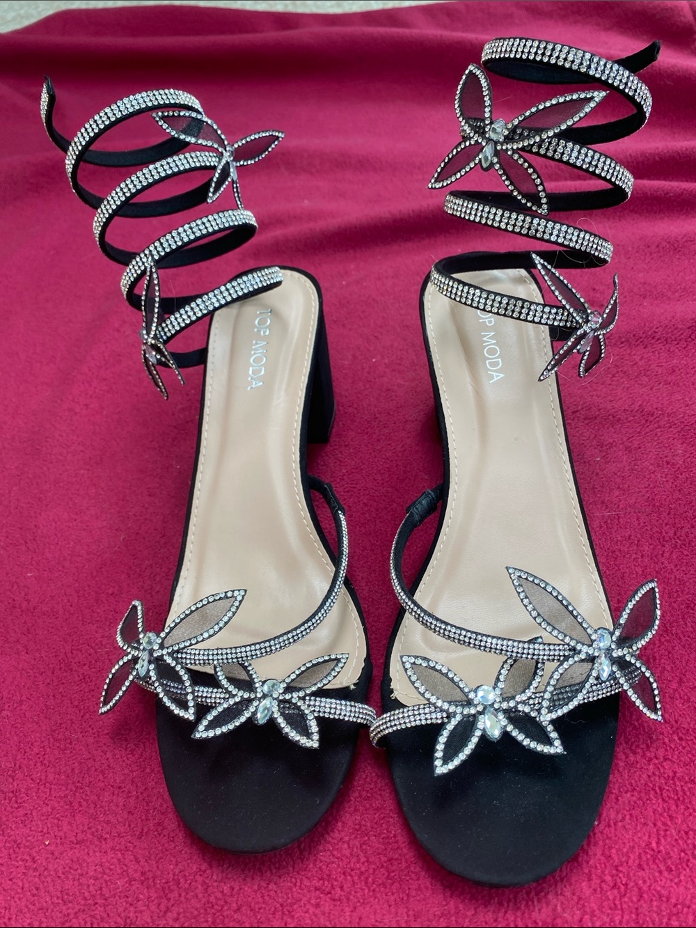 MODA Black Crystal Floral Spiral Strap Sandals